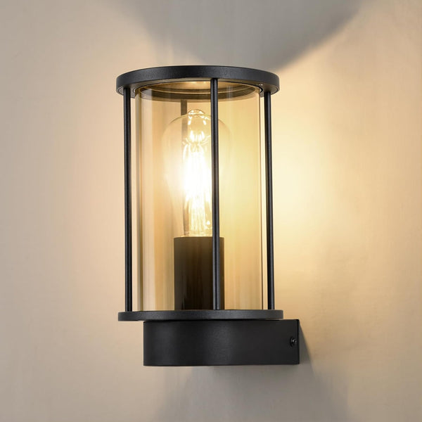Waterproof Outdoor Wall Lantern – Matte Black Aluminum Garden Sconce Light, Anti-Rust Exterior Wall Lamp with Glass Shade, E27 Base, Mains Powered for Porch, Patio, Garage, or Entryway (Bulb Not Included, Energy Class A+)