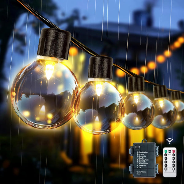 Battery-Operated Outdoor LED String Lights – 9m/30ft Festoon Lights with 20 Shatterproof G40 Bulbs, Remote Controlled, Waterproof Hanging Decoration for Garden, Patio, Gazebo, Café, or Indoor Use