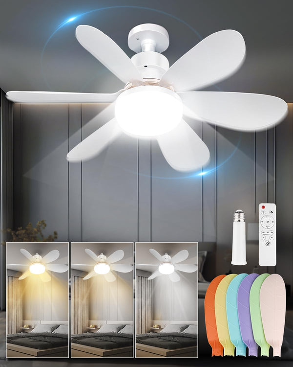 Socket Ceiling Fan Light with Remote, 3-Color Dimmable LED