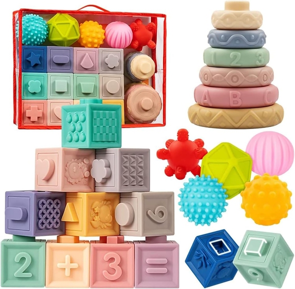 3 in 1 Montessori Baby Toys Pack with Teethers, Stacking Blocks Sensory Set