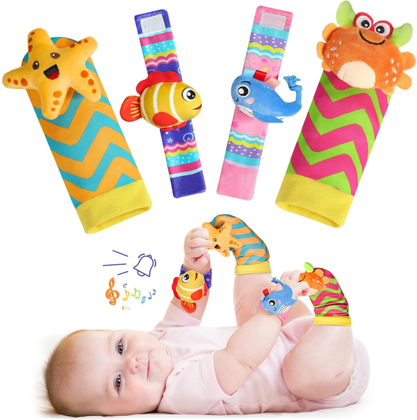 Foot Finders Infant Wrist & Ankle Rattles, Sensory Socks for 0–9 Months Marine Life