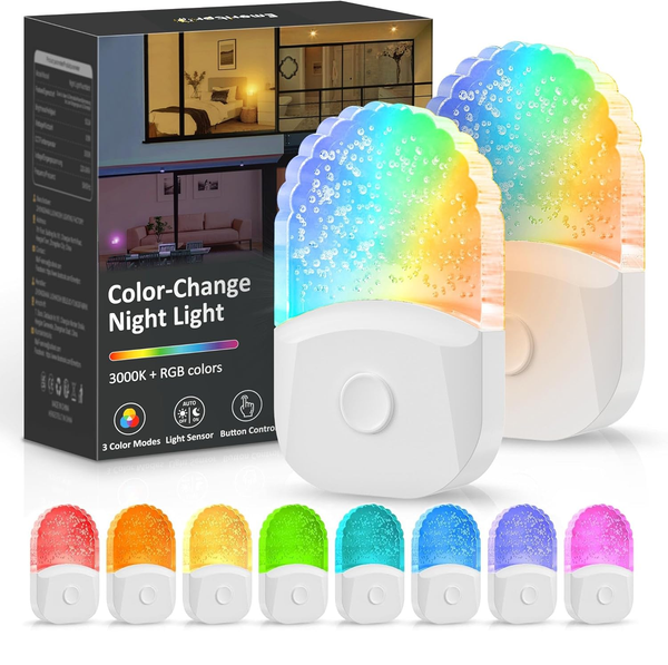 Plug In Night Light with Dusk to Dawn Sensor, Warm White RGB, 3 Modes, 2 Pack
