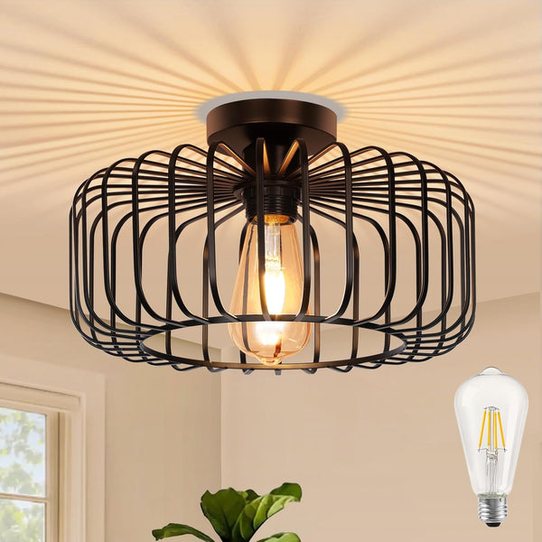 Black Metal Cage Ceiling Light E27 Modern Chandelier Fixture