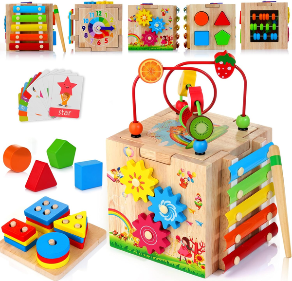 8-in-1 Wooden Montessori Activity Cube Baby Toy with Bead Maze and Shape Sorter