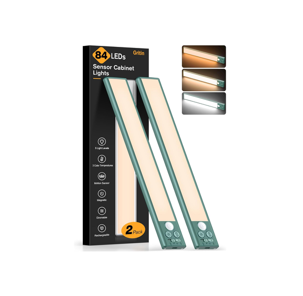 Gritin 84 LED Motion Sensor Under Cabinet Lights, 3 Colors, 5 Brightness, 2 Pack