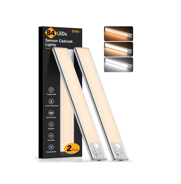 Gritin 84 LED Motion Sensor Under Cabinet Lights, 3 Colors, 5 Brightness, 2 Pack
