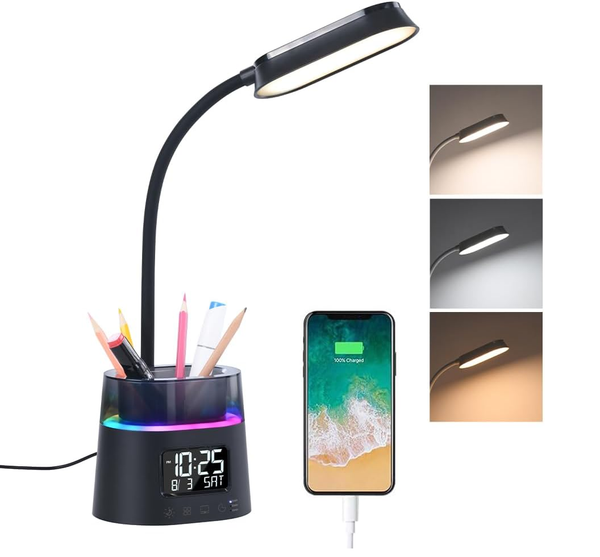 LED Desk Lamp with Pen Holder, Clock, USB Port and RGB Night Light for Study