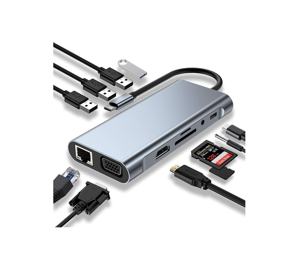 USB C HUB 11-in-1 Docking Station with HDMI VGA Ethernet SD TF USB 3.0 PD AUX