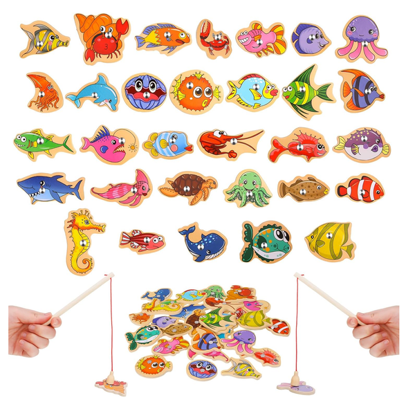 Magnetic Fishing Game Set, 33 pcs Wooden Ocean Animal Learning Toy for Kids