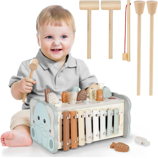 Montessori Wooden Hammering Xylophone Toy with Fishing Game for Ages 1 to 3