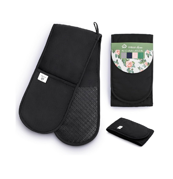 Black Double Oven Gloves – Heat Resistant Silicone Mitts