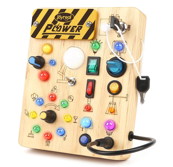 Montessori Wooden Busy Board with 19 LED Lights Sensory Toy for Toddlers 2–4