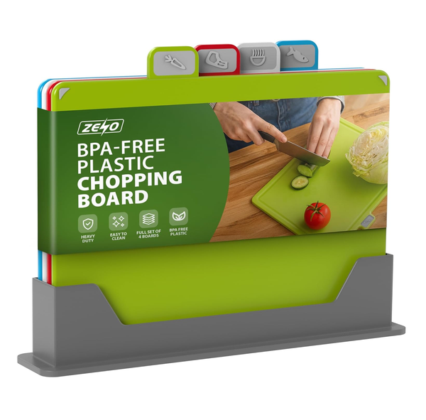 4-Piece Plastic Chopping Board Set with Stand, Non-Slip, BPA-Free, Dishwasher Safe
