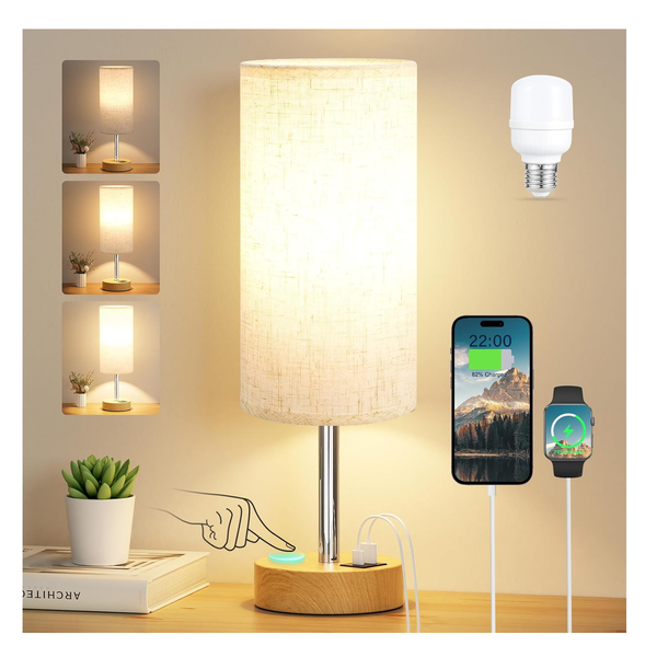 Bedside Table Lamp with Touch Control, USB A+C Charging, Dimmable Fabric Shade