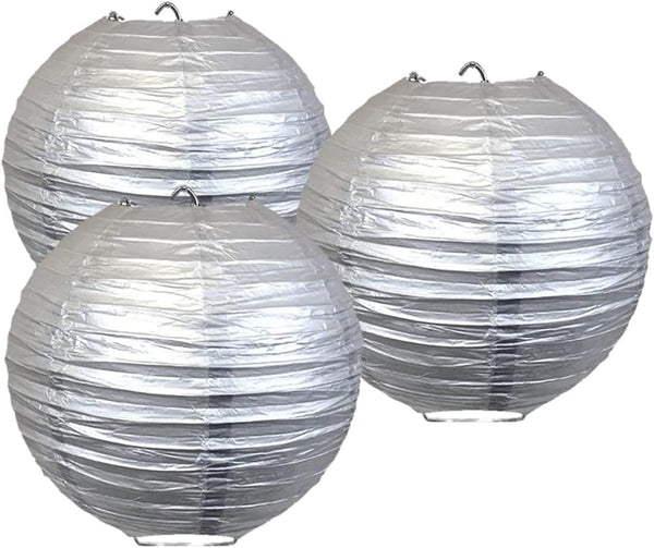Pack of 3 Silver Paper Lanterns, 8" (20cm) Lampshades for Party, Birthday, Wedding Decor