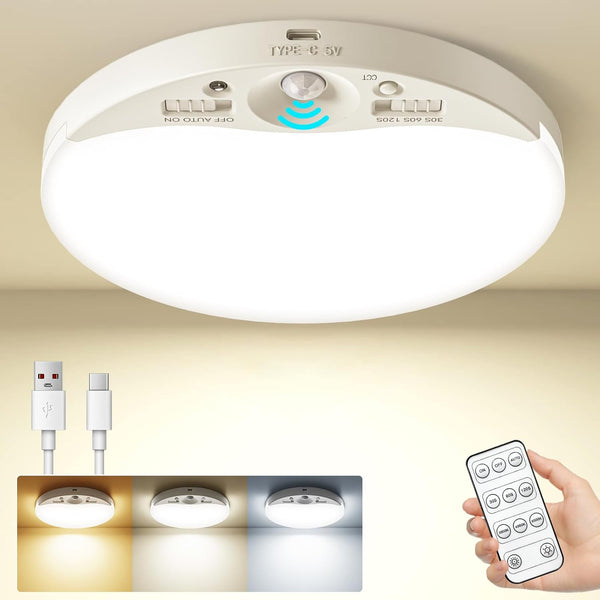 Rechargeable Motion Sensor Ceiling Light, 6.3in LED, 3-Color