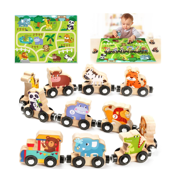 Montessori Magnetic Wooden Train Set with Track Mat for Toddlers