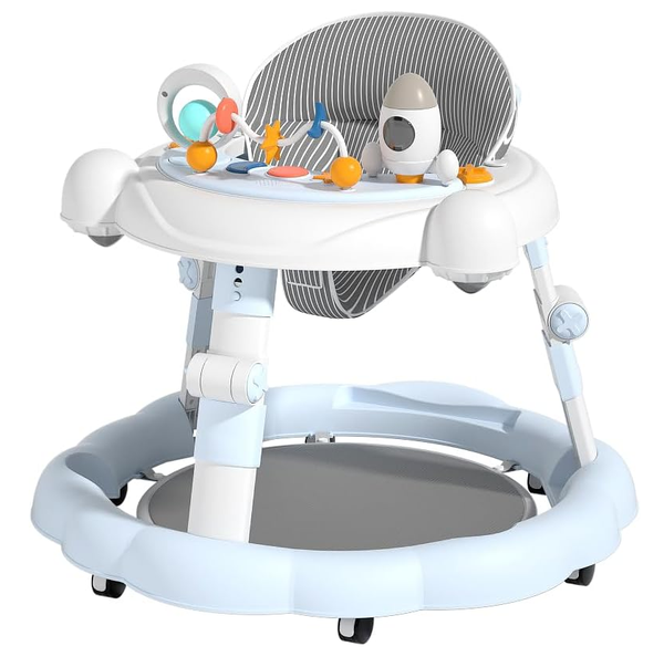 Baby Walker with Toy Tray, 4-Level Height Adjustable, Push & Seated Modes Blue