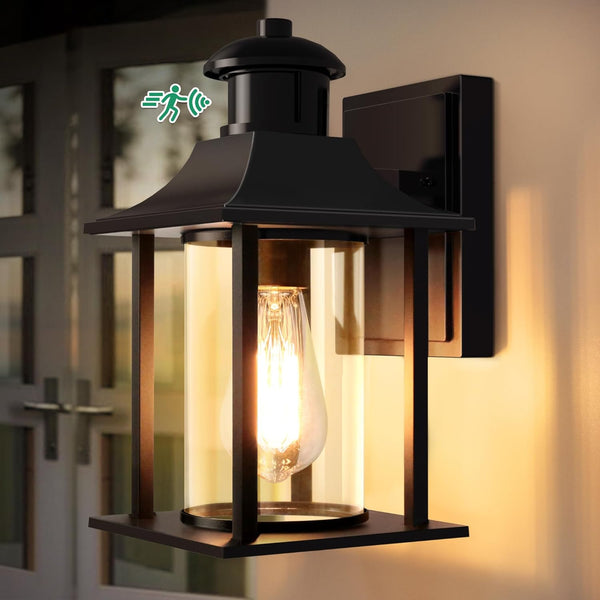 Outdoor Wall Light with Motion Sensor & Bulb – Waterproof Black Lantern