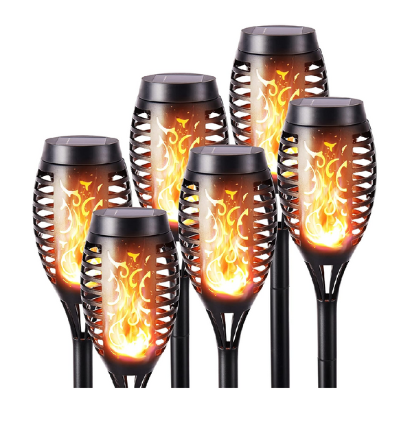 Geemoo 6 Pack Solar Torch Lights Outdoor – Flickering Flame Effect, IP65 Waterproof, Solar-Powered Garden Pathway Lights