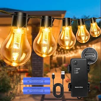 Rechargeable Battery-Operated Outdoor String Lights – 9m/30ft LED Festoon Lights with 12 Shatterproof A60 Bulbs, 5000mAh USB Powered, Remote Controlled, Waterproof for Garden, Patio, Pergola, Café, or Indoor Use [Energy Class A]
