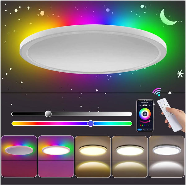 Dimmable RGB LED Ceiling Light with Remote & App Control, Color Changing Modern Flush Mount for Bedroom – White Finish