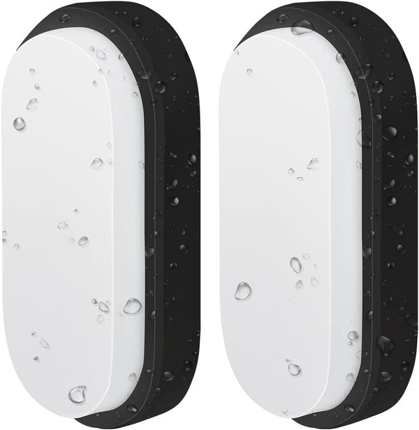 2-Pack 14W LED Outdoor Bulkhead Lights – Black Oval Wall/Ceiling Lights, IP54 Waterproof, 980LM, 4000K Natural White, for Porch, Bathroom, or Outdoor Use, 220–240V [Energy Class F]