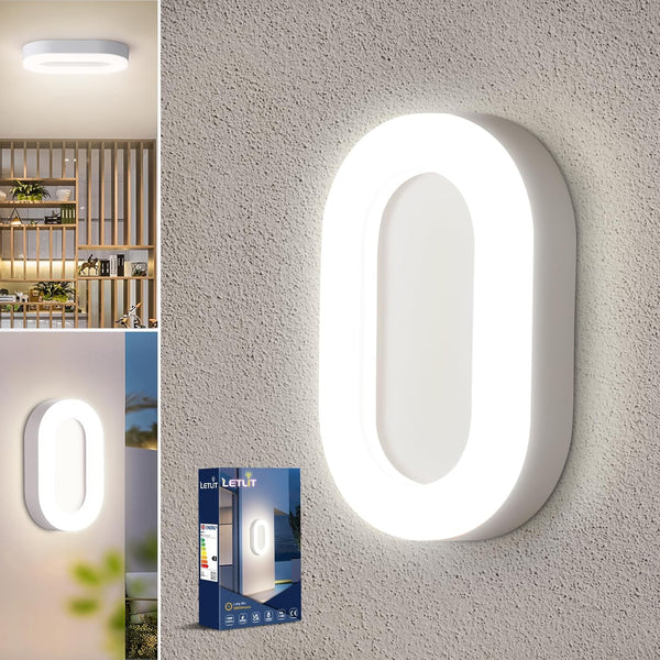12W LED Bulkhead Wall & Ceiling Light – IP65 Waterproof, 1200LM, 4000K Natural White, 19cm Round Fixture for Indoor/Outdoor Use: Bathroom, Porch, Hallway, Garage, Garden, Bedroom [Energy Class E]
