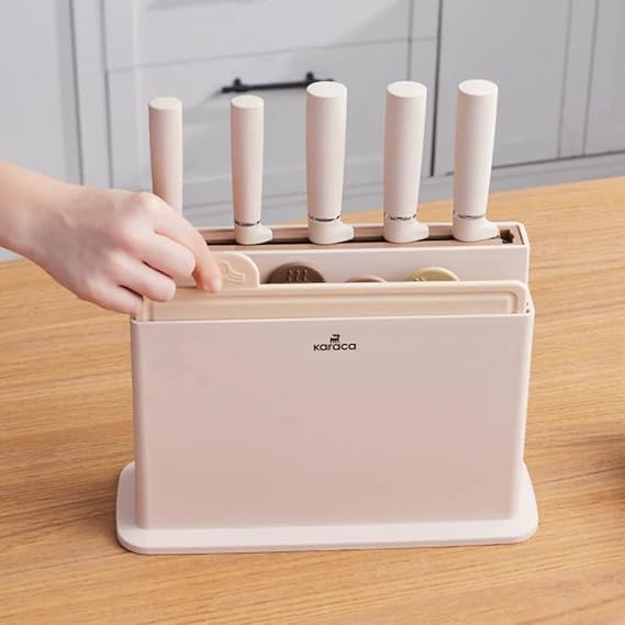 Premium 10-Piece Kitchen Utensil & Knife Set with Chopping Board and Storage Holder – Stainless Steel Cutlery – Cream & Beige Cooking Accessories