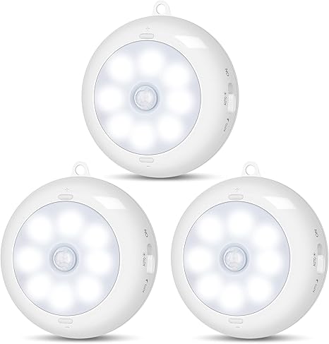 Motion Sensor Battery Lights, Wireless Stick-On LED Puck Lights for Closets, Cabinets & Hallways (3-Pack)