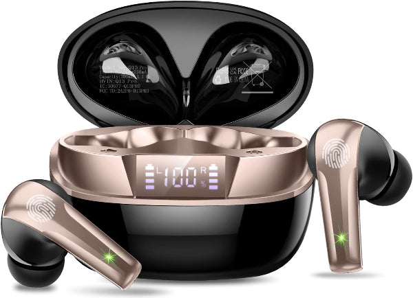 Wireless Earbuds Bluetooth 5.3 Mini Headphones with Noise Cancelling Mic, Waterproof, Black Gold