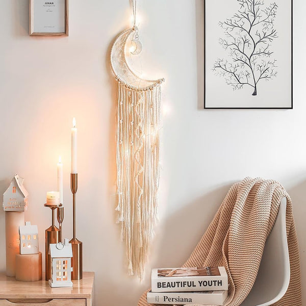 Koytoy Macrame Wall Hanging with LED Lights, Moon Dream Catcher Tapestry for Bohemian Home, Wedding, and Ramadan Decor - A Thoughtful Craft Gift