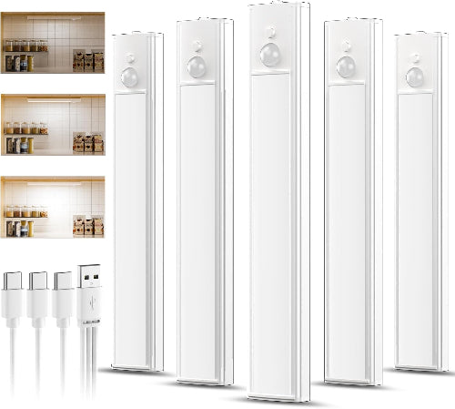 5-Pack Rechargeable LED Under Cabinet Lights, Motion Sensor, Dimmable, Type-C