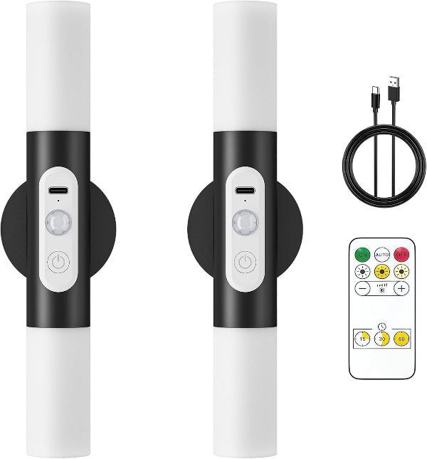 Motion Sensor Rechargeable LED Wall Sconces with Remote, Wireless 2-Pack Black