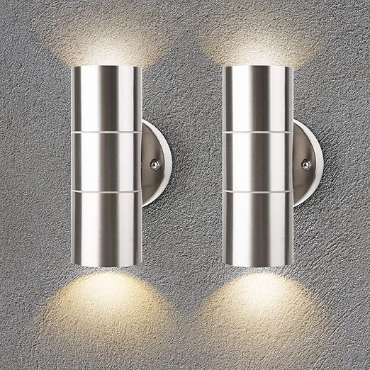 Stainless Steel Outdoor Up & Down Wall Lights – Mains Powered Exterior Fixture for Garden, Pathway, or Patio – Includes 2 x GU10 Bulbs [Energy Class F]