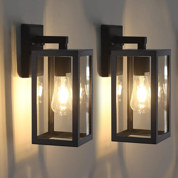 2-Pack Outdoor Wall Lanterns – Matte Black Porch Lights with Clear Glass Shade, Weather-Resistant Aluminum Wall Sconce Light Fixtures for Exterior Use
