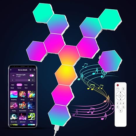 Hexagon Gaming Lights – 12-Pack RGB LED Light Panels with App & Remote Control, Music Sync, DIY Wall Geometry Lamps for Room & Gaming Setup