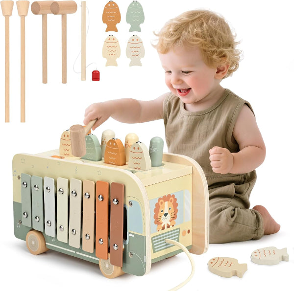 7-in-1 Montessori Wooden Hammering Toy with Xylophone & Fishing for Ages 1–3