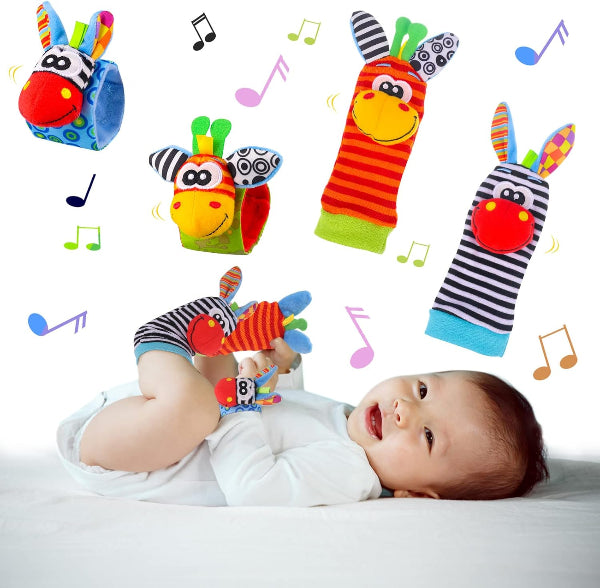 4 Pcs Baby Wrist & Foot Rattles – Sensory Socks Toy for Newborns 0–9 Months