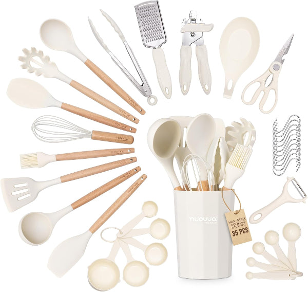 35-Piece Kitchen Non-Stick Silicone Utensils Set with Wooden Handles – Cream