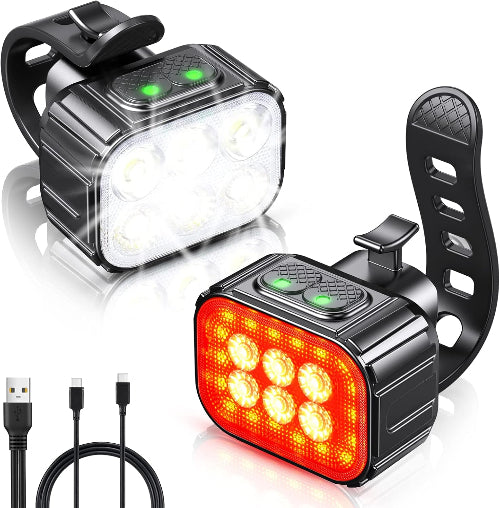 USB Rechargeable Bike Lights Set, Super Bright, Front & Rear, IP65 Waterproof