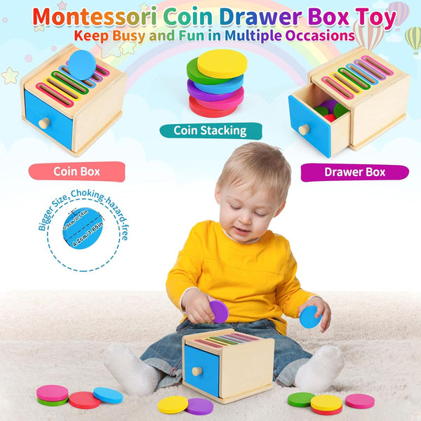Montessori Coin Box Toy for Toddlers – Wooden Color Sorting and Stacking Sensory Toy for Ages 1–4, Early Learning Development Toy for Boys and Girls, Ideal Easter and Birthday Gift