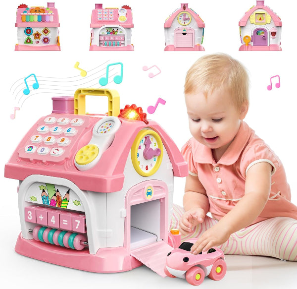 Toddler Montessori Activity House Toy 6-in-1 for 1–2 Year Old Girls with Music & Clock