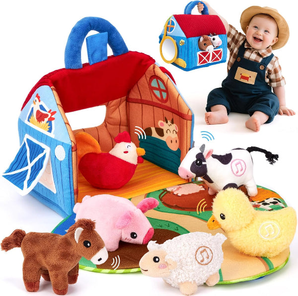Plush Farm Animal Sound Toys for Babies 6-12 Months, Interactive Sensory Barn Set