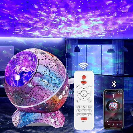 Galaxy Star Projector in Dinosaur Egg Design – LED Night Light with 14 Color Modes, Remote Control, Timer, White Noise & Bluetooth Speaker for Kids’ Rooms, Parties, and Home Decor