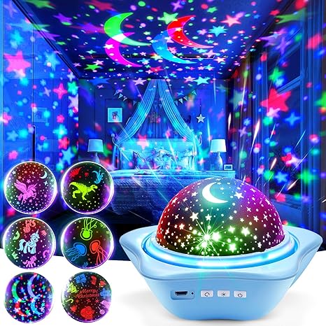 Rechargeable Kids’ Star Projector Night Light with 6 Film Slides and 78 Projection Effects, 360° Rotating Sensory Light for Bedrooms and Baby Sensory Play – Ideal Gift for Children