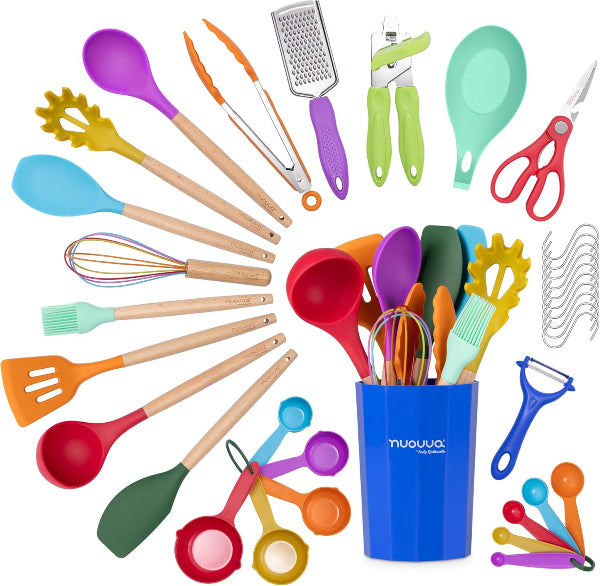 35-Piece Colorful Kitchen Non-Stick Silicone Utensils Set with Wooden Handles