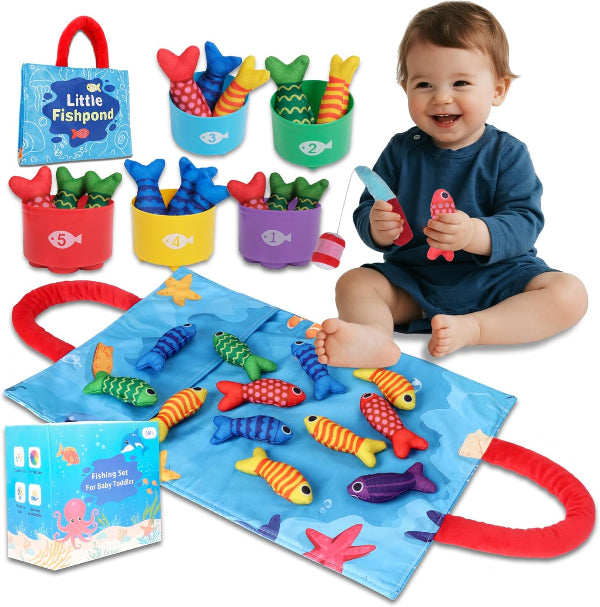 Montessori Fabric Fishing Game – Color Sorting & Stacking Toy for Babies 1–3