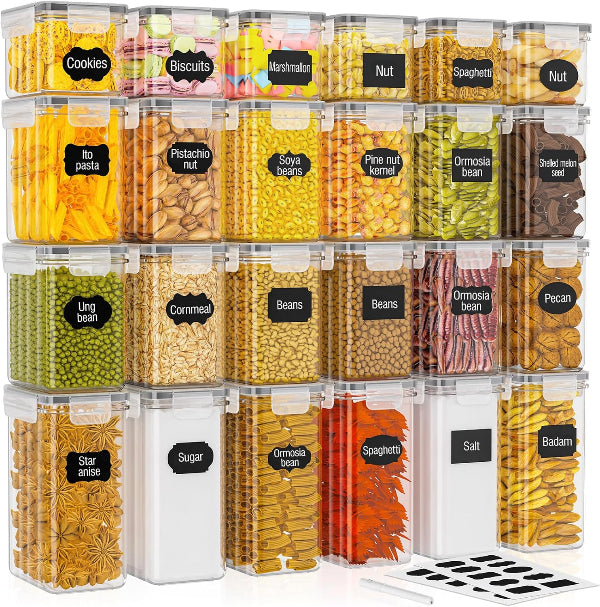 24-Pack Airtight Food Storage Containers – 33.6L Kitchen Organizer with Labels, 3 Sizes