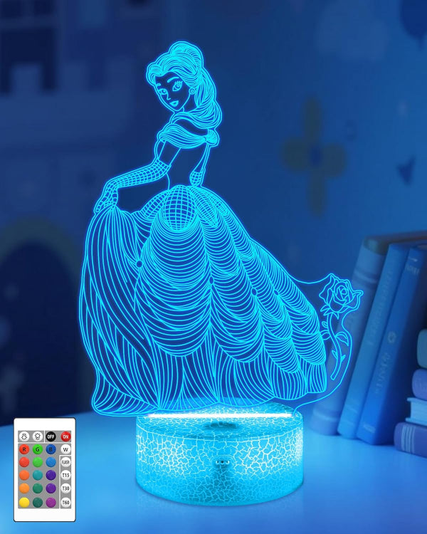 Princess 3D LED Night Lamp for Girls, 16-Color Remote Dimmable Birthday Gift